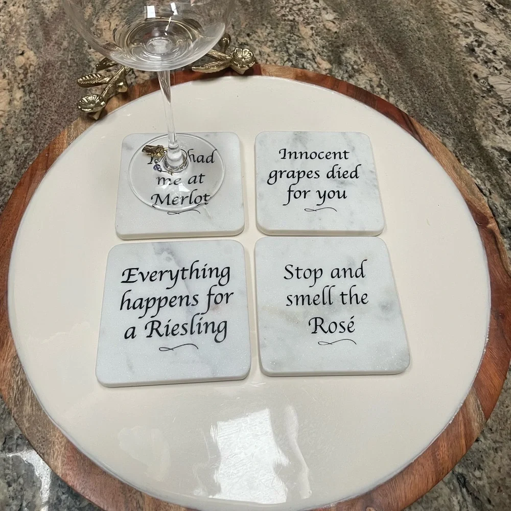 SOLID MARBEL COASTERS WINE lovers theme fun sayings nature stone set of 4 boxed